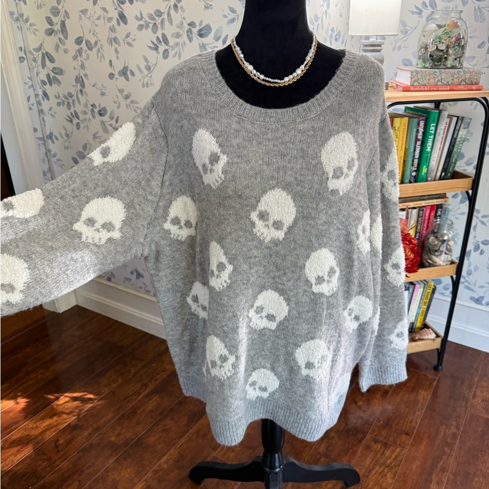 cupcakes & cashmere Gray and White Skull Sweater
